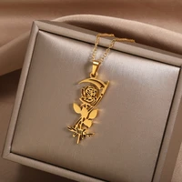punk style scythe skull rose flower pendant necklaces for women gold color stainless steel choker chain boho charm jewelry gift