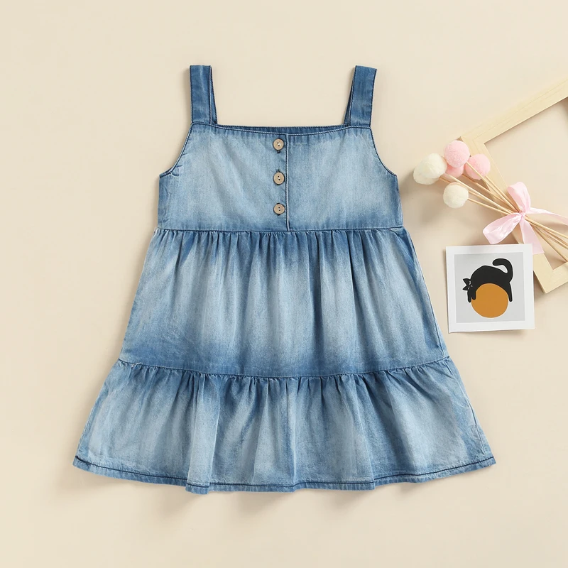 

1-6T Girls Denim Sleeveless Dress Gradient Color Ruffle Decoration Sweet Casual Style Summer Denim Gradient Sling Dress