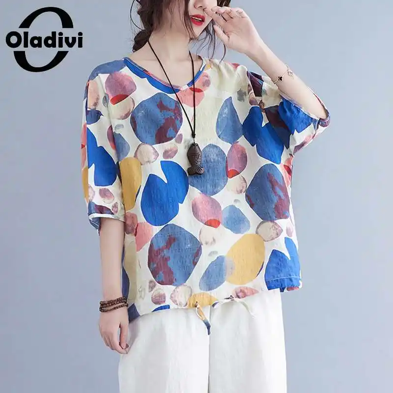 

Oladivi Oversized Fashion Print Women Cotton Linen Blouses Summer New Casual Loose Tops Cool Thin Shirts Short Sleeve Blusas 6XL