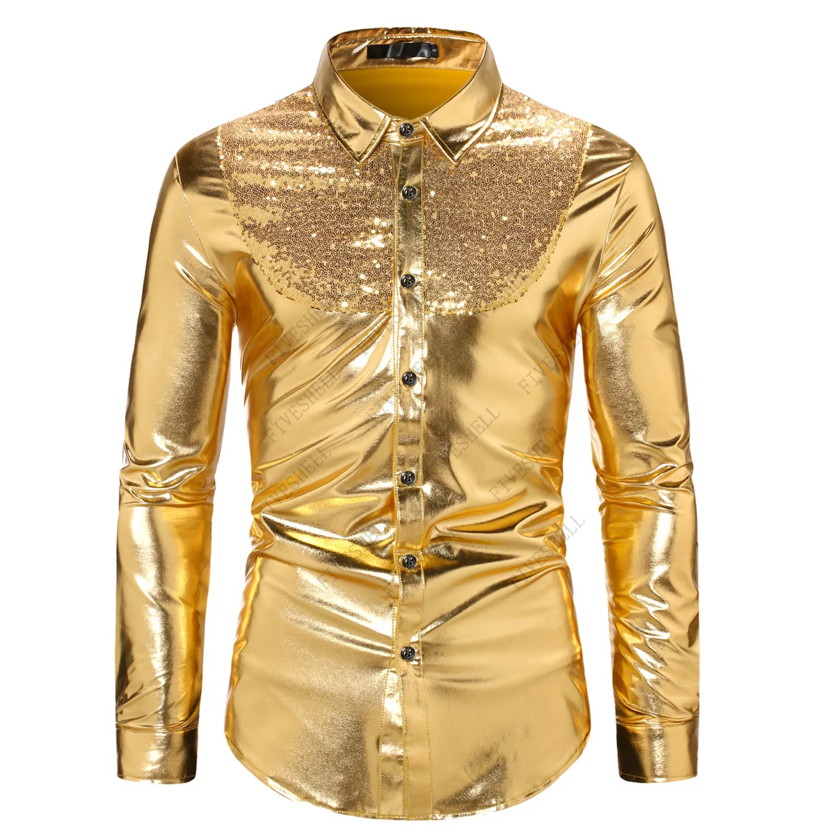 2023 Shiny Gold Sequin Shirt Men Slim Fit Long Sleeve Mens Dress Shirts 70s Nightclub Party Stage Singer Costume Homme