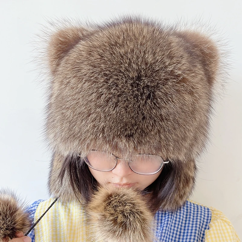 Fangtai 2023 Fashion 100% Genuine Fur Raccoon Winter Women's Hat Warm Earmuffs Beanie Cap Russian Snow Hat Men's Children's Hat