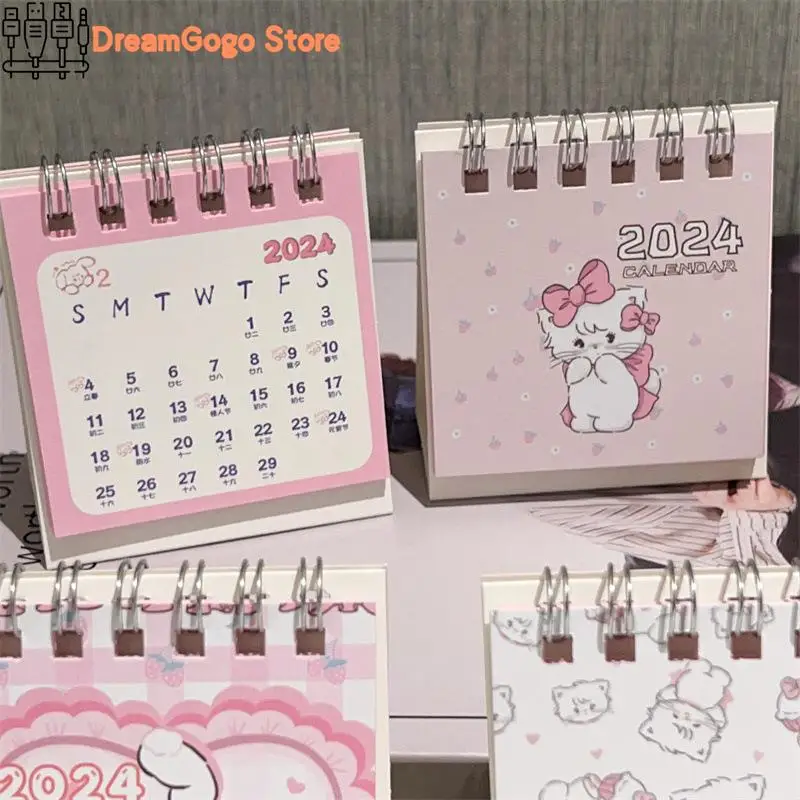 

2024 настольный календарь с мультяшным розовым котом, кавайный календарь в виде катушки, списка дел, ежемесячный ежедневник, органайзер, милые офисные принадлежности