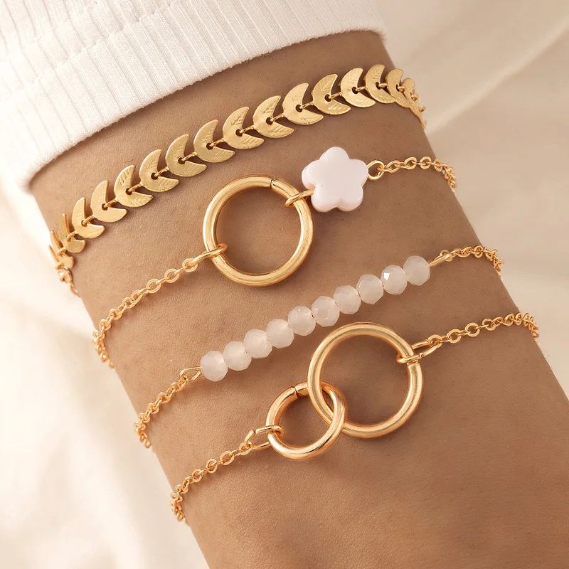 

New 2022 Flower Ring 4-layer Bracelet Geometric Chain Beaded Bracelet Set