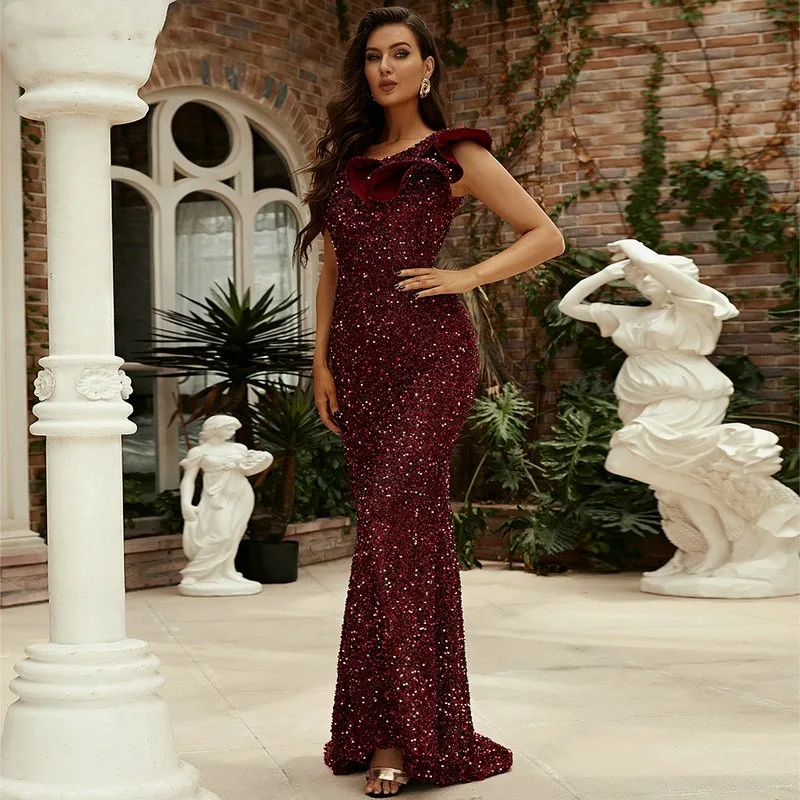 

Glitter Burgundy Mermaid Evening Dresses Sequined Ruched One Shoulder Long Evening Party Gowns For Women Robes De Soirée Custom