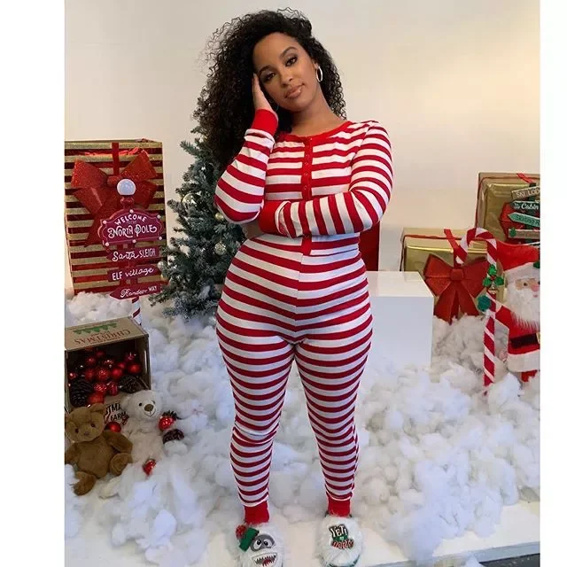 

Women Striped One Piece Pajama Bodycon Sleepwear Long Sleeve Romper Jumpsuit Sleepwear Leotard Button Christmas Nightwear