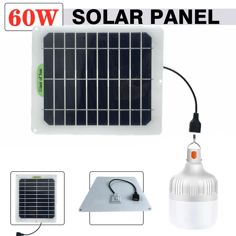 60W Solar Panel Kit 18V Portable Solar Cell with Light Bulb Power Bank for Outddor Phone Camping Hiking Cycling Fishing
