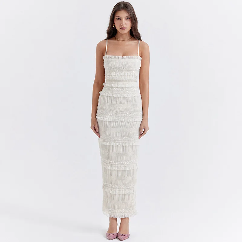 Элегантное однотонное Плиссированное женское платье с бретельками и квадратным вырезом, летнее пляжное шикарное платье для отпуска