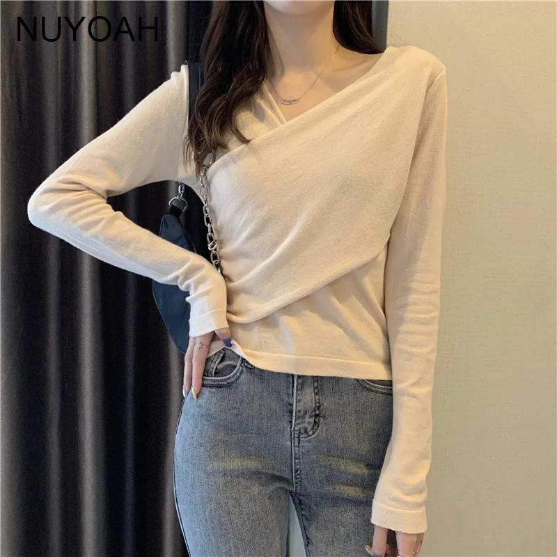 

Необычный трикотажный женский свитер с V-образным вырезом, Новинка осени 2021, дизайнерский Топ Kio с длинными рукавами