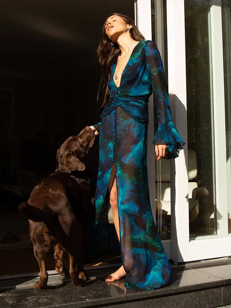 

Платье-Макси женское Сетчатое прозрачное с принтом, пикантное свободное пляжное элегантное с глубоким V-образным вырезом и высоким разрезом, верхняя одежда с оборками, лето