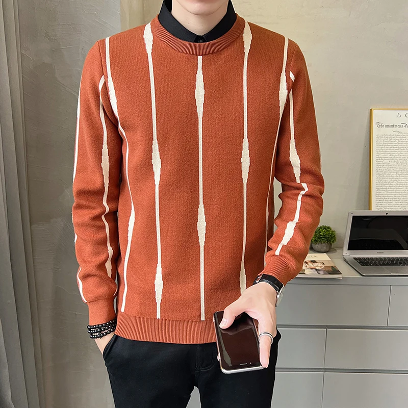 Shirt Sleeve Fake Two Knit Sweaters/ Brand New Mens Autumn Winter Letter Style Slimming Business Leisure Korean Fashion Pullover