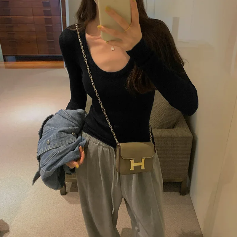 Осенняя новая женская трикотажная футболка для похудения с U-образным вырезом и