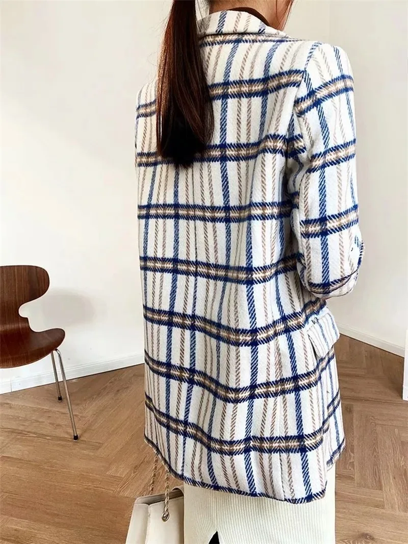 White Plaid Blazer Suit Office Lady Fashion Contrast Colors Woolen Blazer Women 2021 Spring Autumn Casual Commute Plaid Coat New