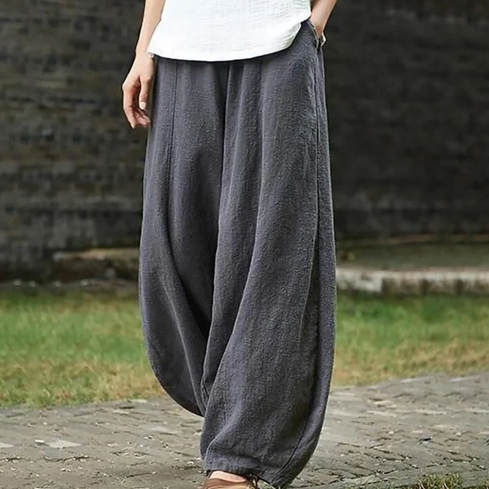 

Spring Summer 2023 Cotton Linen Style Bloomers Wide Leg Pants Women Vintage Full Length Elegent Pants Solid Elasitic Waist S-5XL