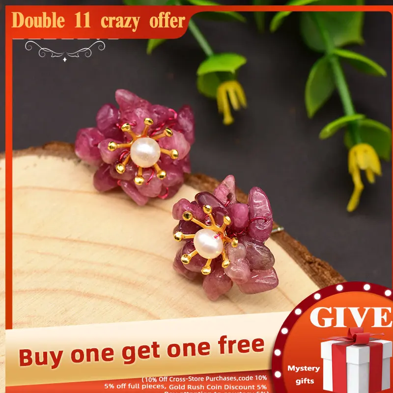 

GLSEEVO Designer Original Natural Amethyst Tourmaline Stud Earrings For Women Flower 925 Sterling Silver Earring Jewelry GE0019A