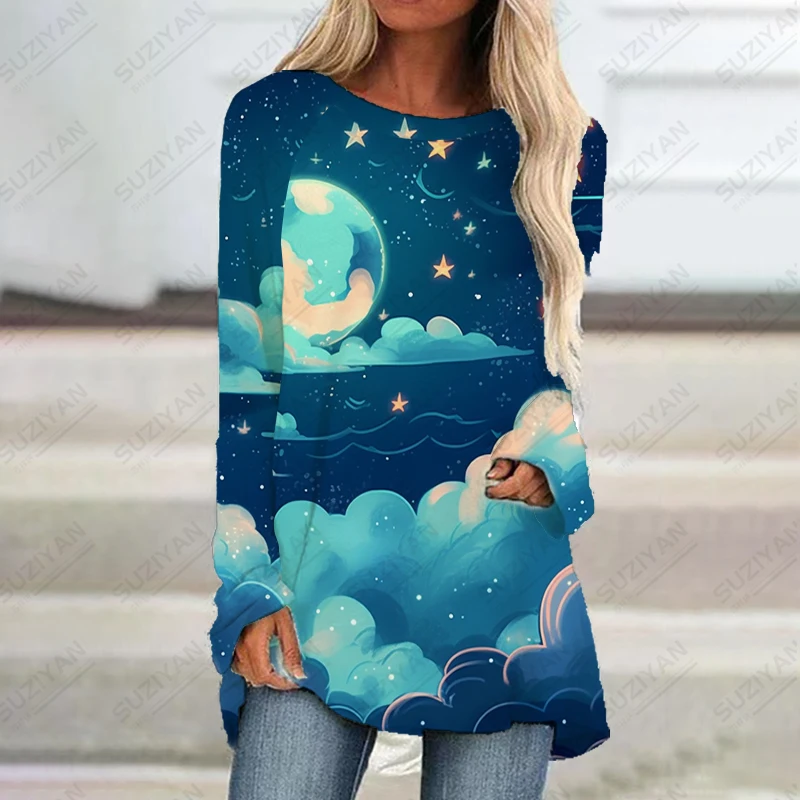 

2023 new ladies long -sleeved dress, Starry Sky 3D printed lady long -sleeved dress fashion casual lady long -sleeved dress