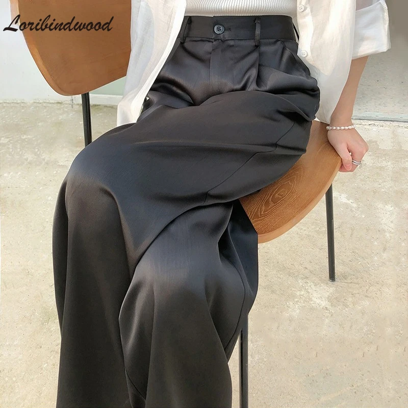 

2022 Summer Autumn Silk Satin Women's Pants Loose Classic Black Straight High Waist Casual Korean Wide Leg Trousers for Women