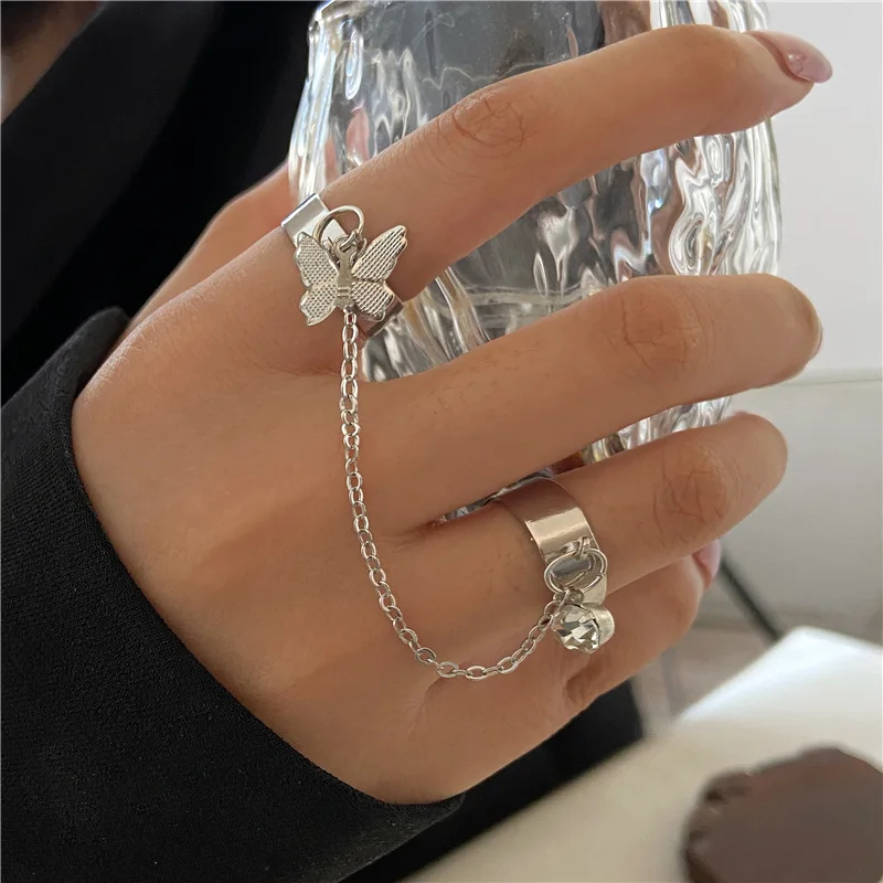 

Butterfly Rhinestone-Encrusted Chain Ring European and American New Japanese and Korean Style Fresh Open Adjustable Ring