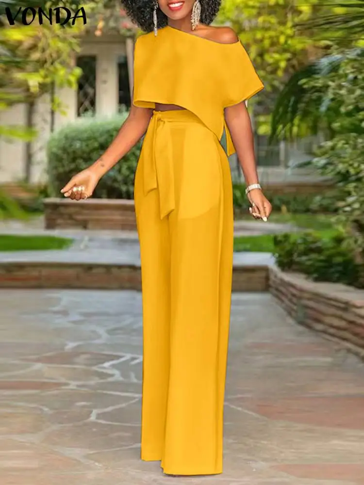 

Office Pant Sets VONDA 2022 Women Wide Leg Long Trousers Sets Shot Sleeve O Neck Blouse Crop Top With High Waist Pants Oversized