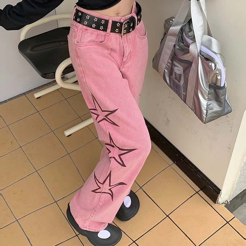 American Retro Pink Jeans Women Fashion Streetwear Star Print Wide Leg Pants Straight Denim Baggy Trousers Trend 2023 New