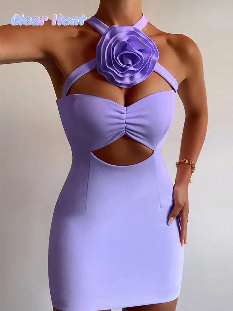 

Сексуальное облегающее платье с лямкой на шее, женское модное однотонное цветочное ажурное мини-платье на лето 2023, шикарное летнее Клубное платье без рукавов