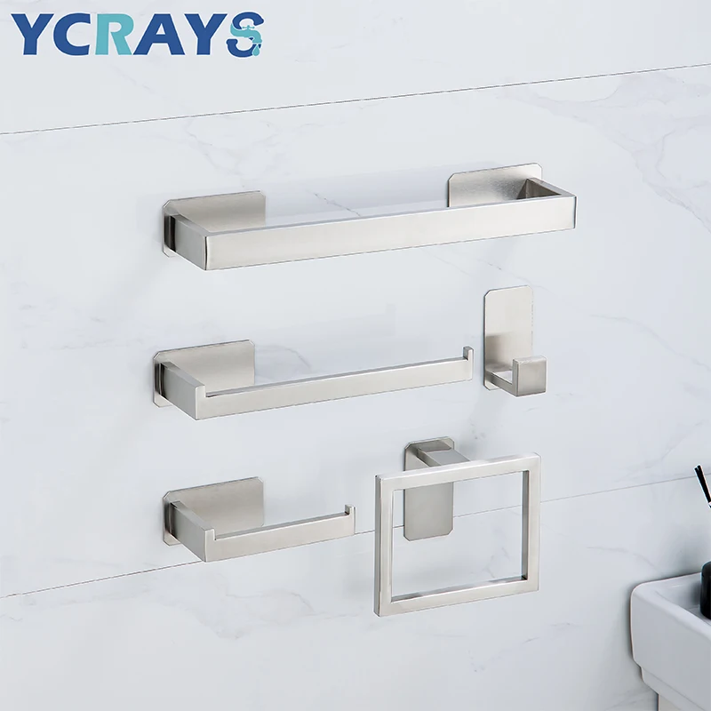 

YCRAYS Серебряные наборы оборудования для ванны без сверления, держатель для туалетной бумаги, вешалка для полотенец, рельсы, аксессуары для товаров