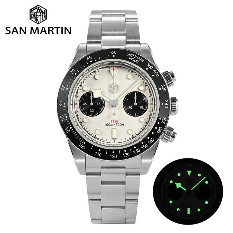 

San Martin Men Sports Watch 40mm Fashion Panda BB Chronograph Retro Luxury ST1901 Manual Mechanical Sapphire 10Bar C3 Luminous
