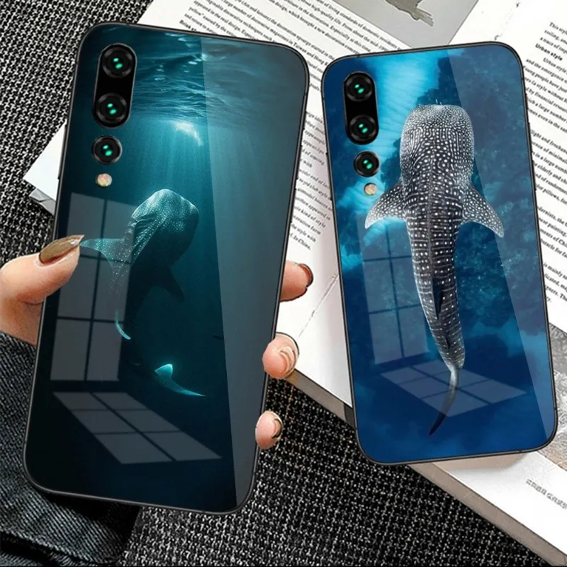 Ocean Whale Shark Swimming Phone Case For Huawei P50 P40 P30 P20 Pro Mate 40 30 20 Pro Nova 9 8 7 PC Glass Phone Cover