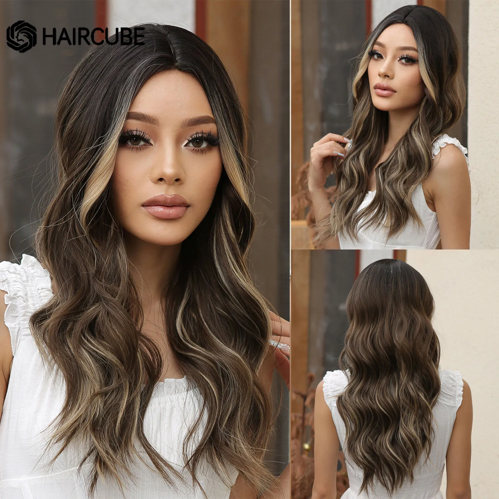 

HAIRCUBE Middle Part Brown With Blonde Highlight Synthetic Wigs for Women Long Wavy Natural Looking Hair Daily Cosplay Fake Hair