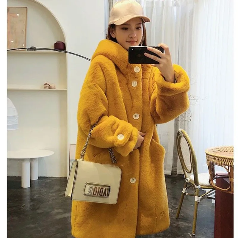 2022 Winter Fashion Fur Coat Women Long Furry Imitation Rabbit Fur Warm Casual Hooded Fur  Women's Coat