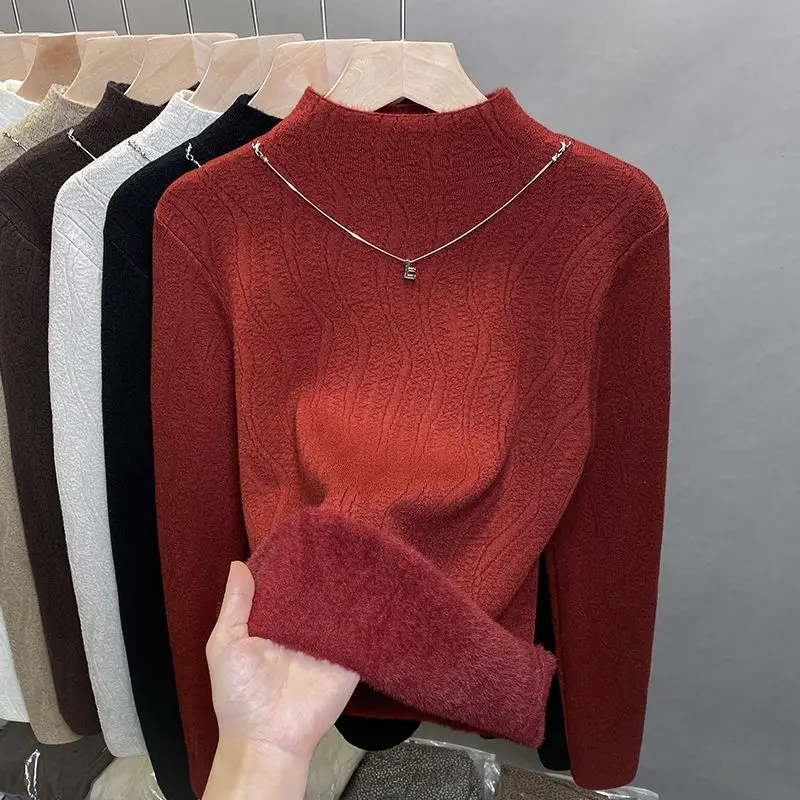 Теплый цельный бархатный свитер с полувысоким воротом для женщин осенне-зимний