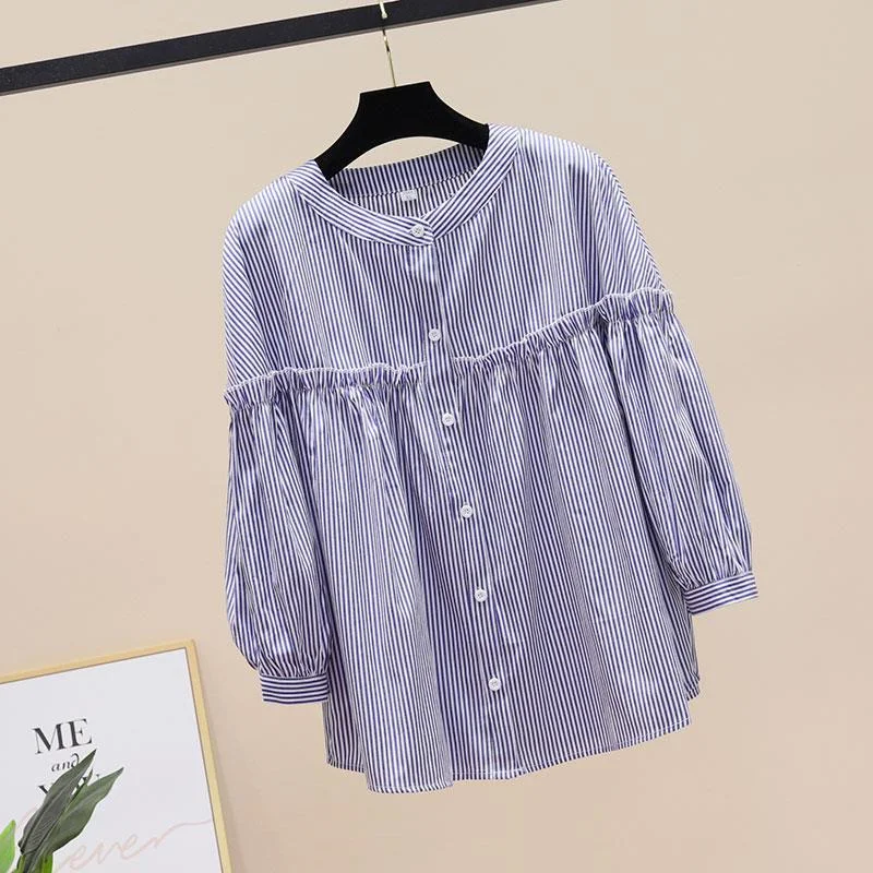 Женская блузка в полоску Повседневная кружевная рубашка с воротником-стойкой и