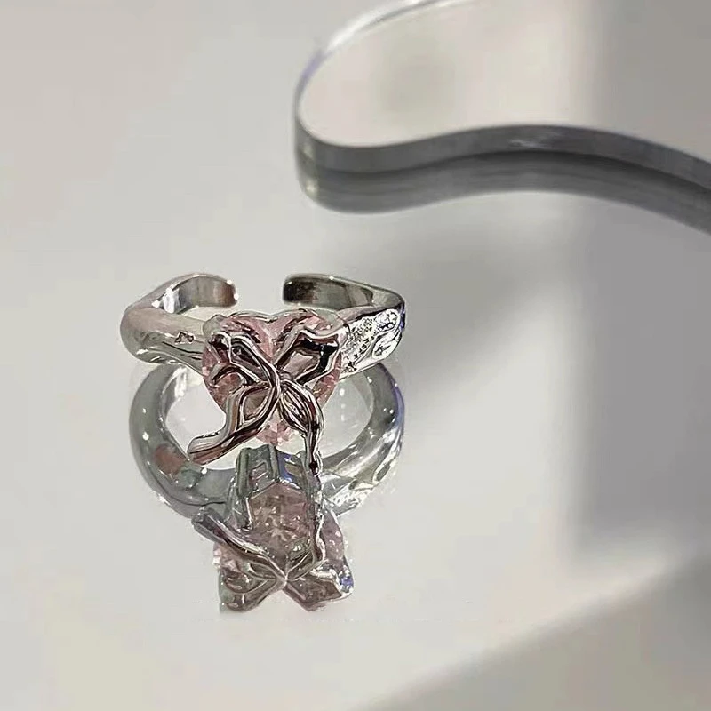 2022 Kpop Goth Luxury Vintage Эстетические розовые драгоценные камни LOVE Heart Открытое кольцо