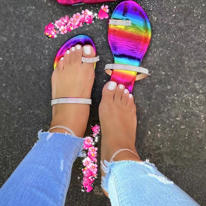 Summer Casual Beach Flats Shoes Flip Flops Women Slippers Slip On Slides Rainbow Rhinestones Fashion Slippers Sandals Woman Shoe