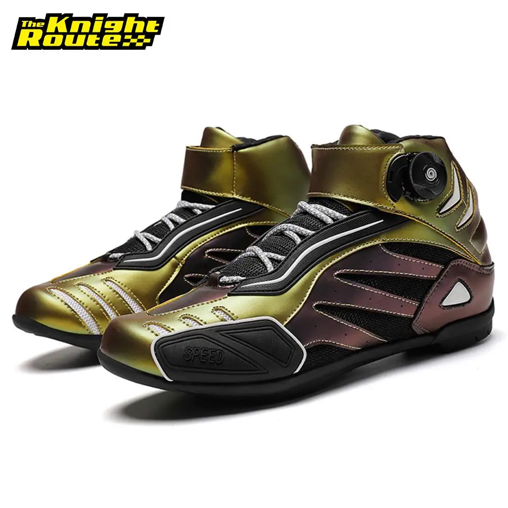 Gold Motorcycle Boots For Motocross Shoes Reflective Motorbike Motorcyclist Bike Motor Chopper Cruiser Touring Ankle Shoes Men