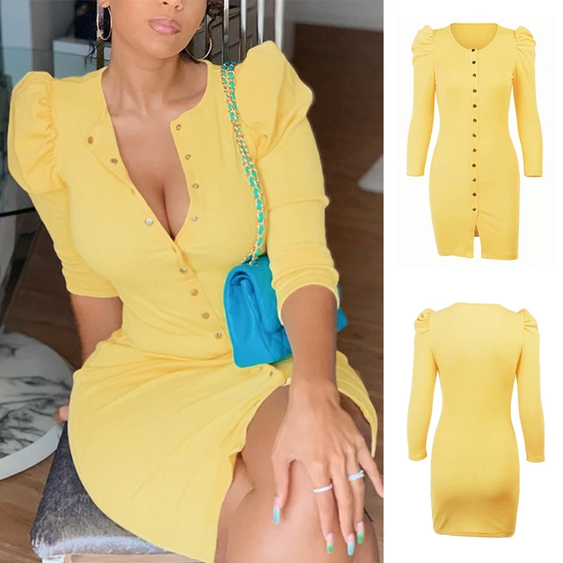 

Женское трикотажное платье на пуговицах, с пышными рукавами