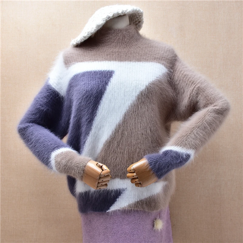 Женская осенне-зимняя модная вязаная водолазка из волосатого ангорского кролика