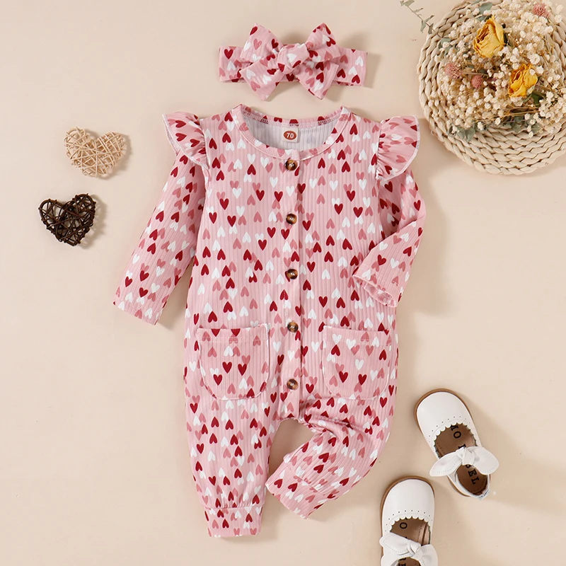 

Комбинезон для новорожденных девочек с принтом сердца, комбинезон на пуговицах с длинным рукавом, комбинезон, милая повязка на голову с бан...