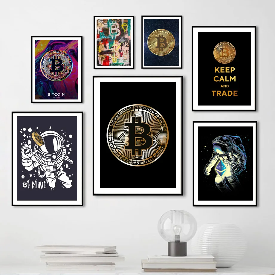 Биткоин белая бумага система пространство Keep Calm торговля Золотой холст живопись