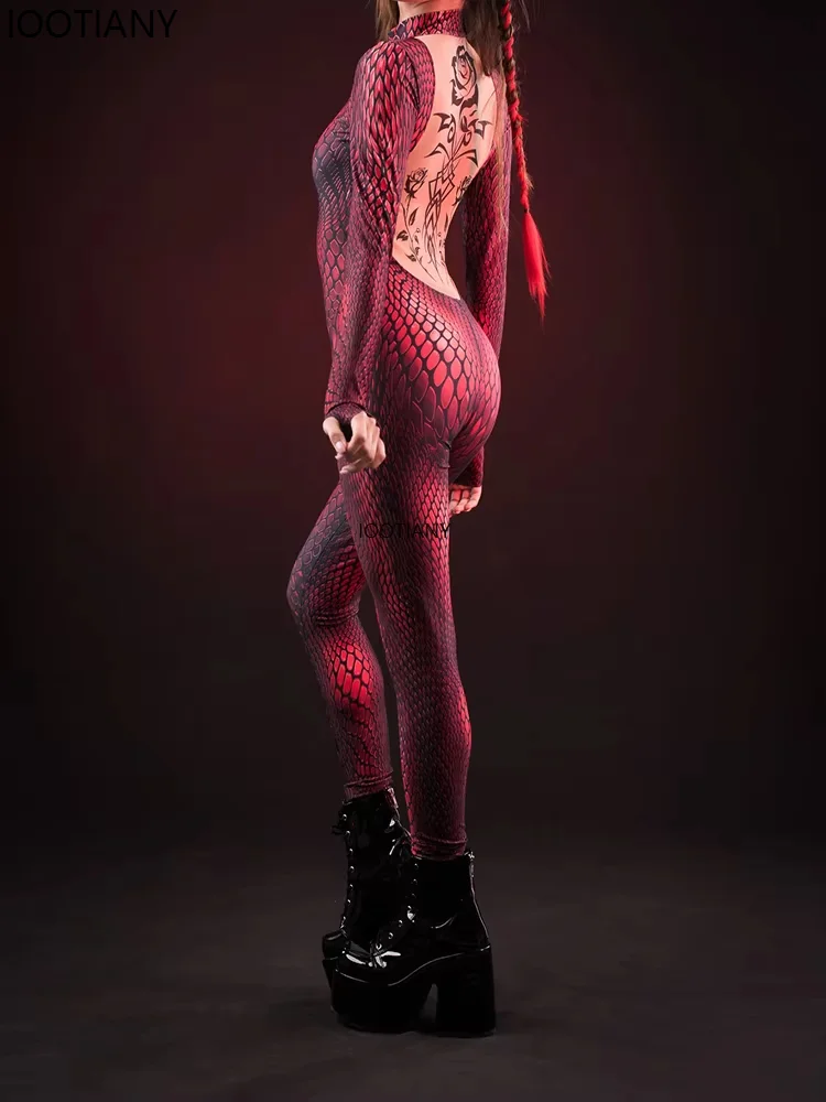 Хэллоуин красный змеиный принт косплей комбинезон женский сексуальный боди с