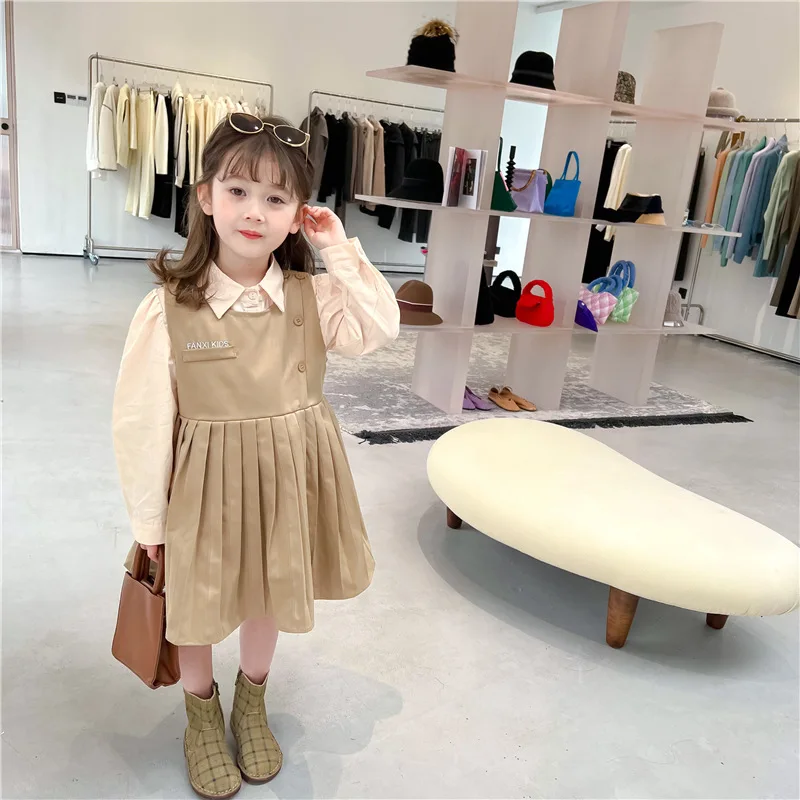 

Spring Girls Dress College Style Puff Sleeve Khaki Shirt + Pleated Bib Skirt Two-piece Skirt