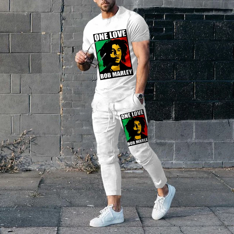 Tracksuits Set For Men Summer Bob Marley Printed Series Short Sleeve T-shirt Trousers Set Street Fashion Men's Jogging Suit