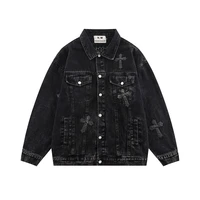 four seasons american retro cross embroidered denim jacket mens street tide brand washed old couple loose jacket tops hip hop