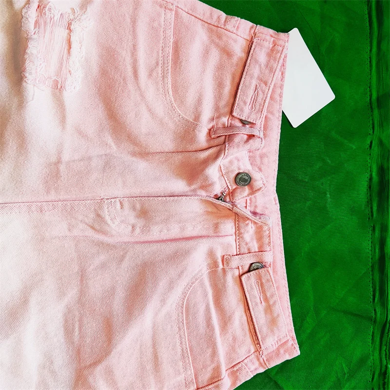 Women Hole Jeans Fashion Gradien Pocket Pink Jeans Full-Length Denim Pants High Elasticity Sweet Casual Pant Korean Fashion