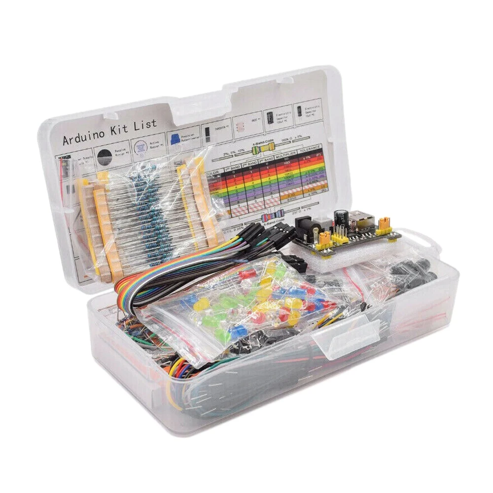 

Electronics Component Basic Starter Kit with 830 Tie-Points Breadboard Cable Resistor Capacitor LED Potentiometer with Box