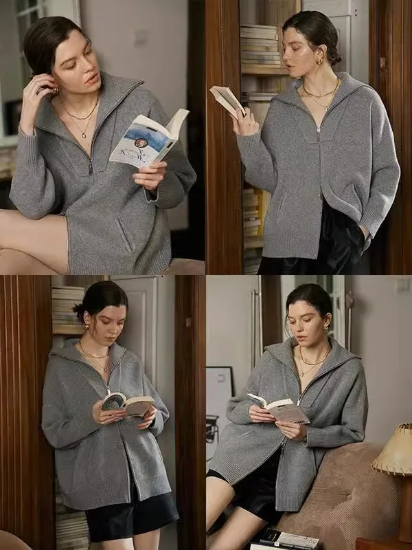 Двойная молния вязаный кардиган Lazy Feeling свитер верхняя одежда женский