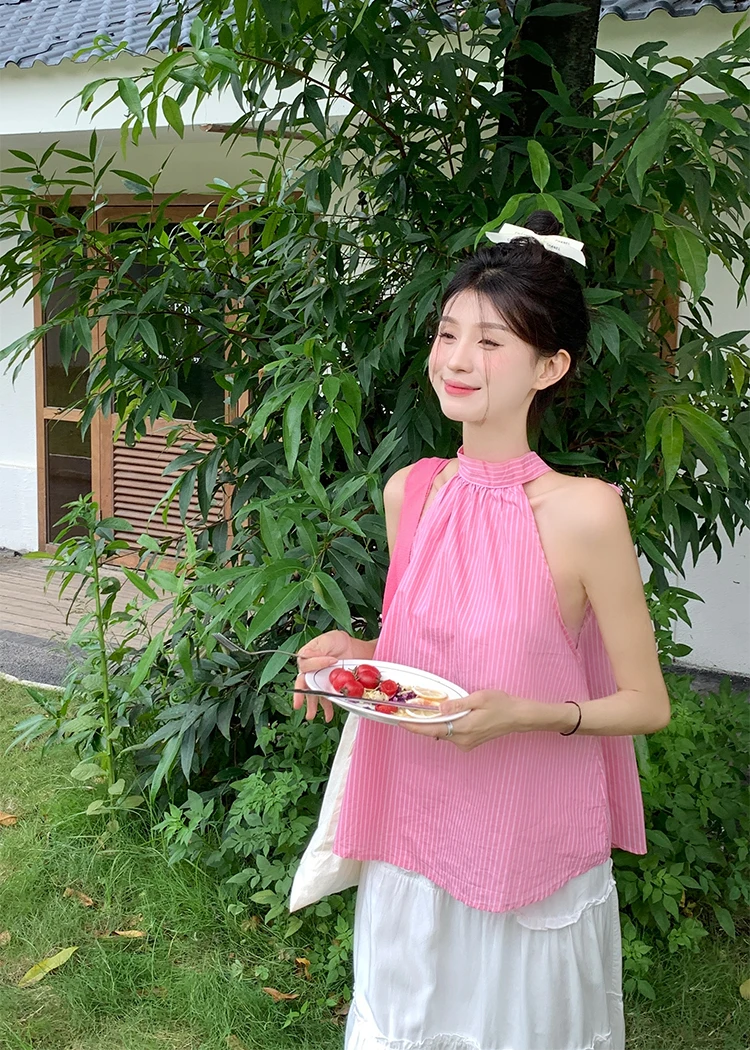 

GGB3929 Pink halter top shirt for women's summer new sweet and age reducing design, with a sense of outerwear fashion