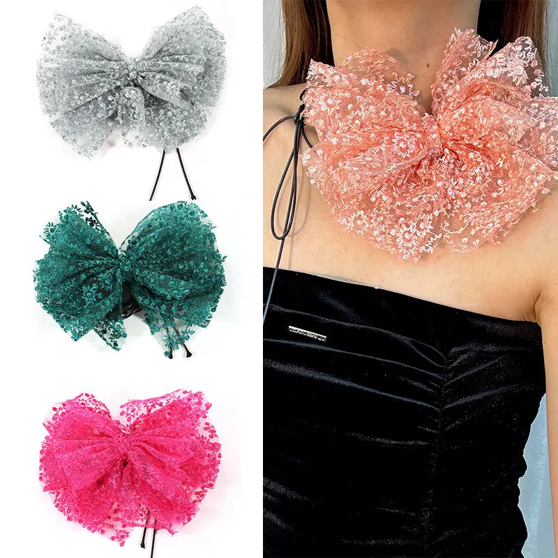 Vintage Handmade Lace Embroidery Bowknot Big Flower Clavicle Chain Necklace Women Adjustable Choker Dinner Party Neck Jewelry