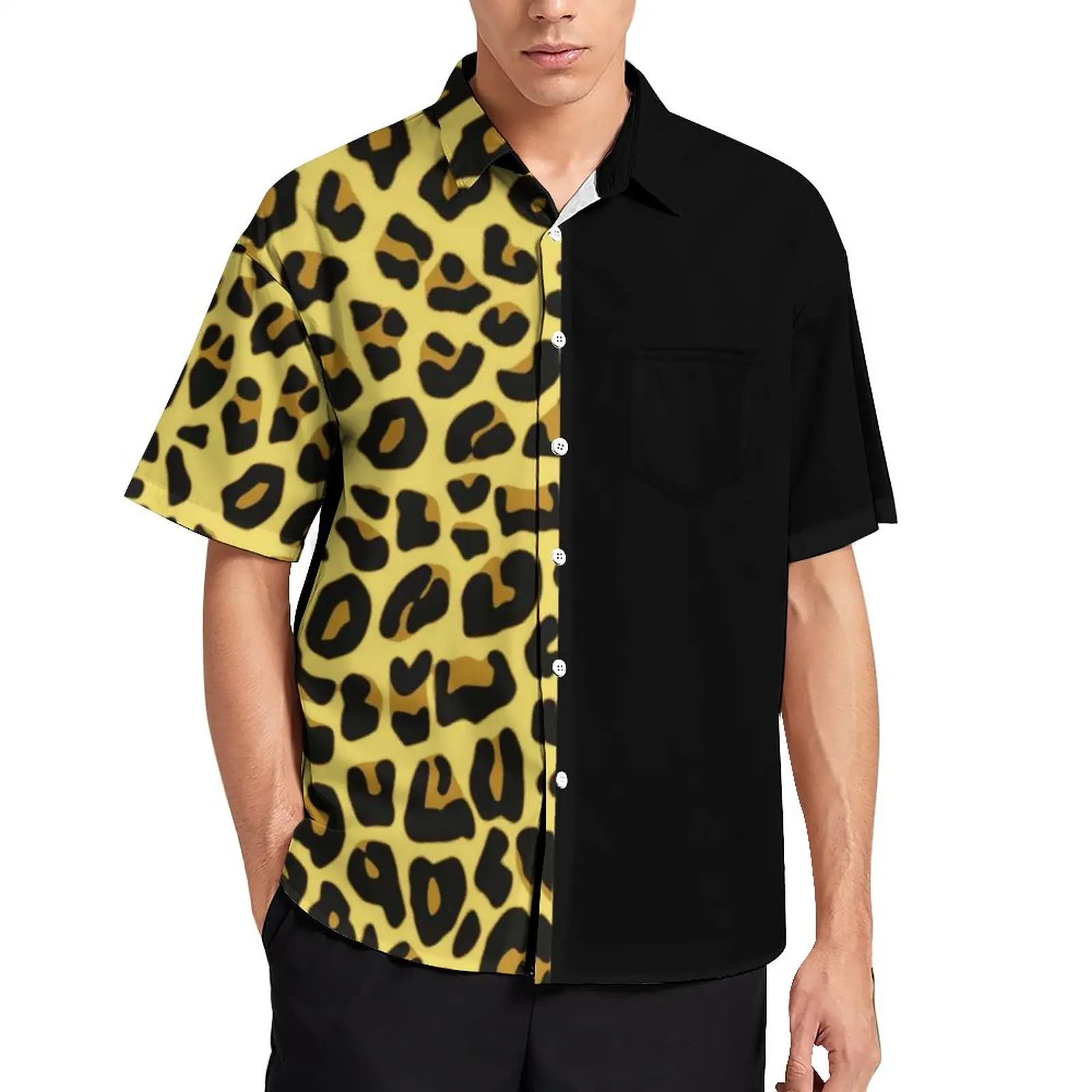 

Gold Two Tone Vacation Shirt Men Cute Cheetah Print Casual Shirts Short Sleeves Design Aesthetic Oversized Blouses Birthday Gift