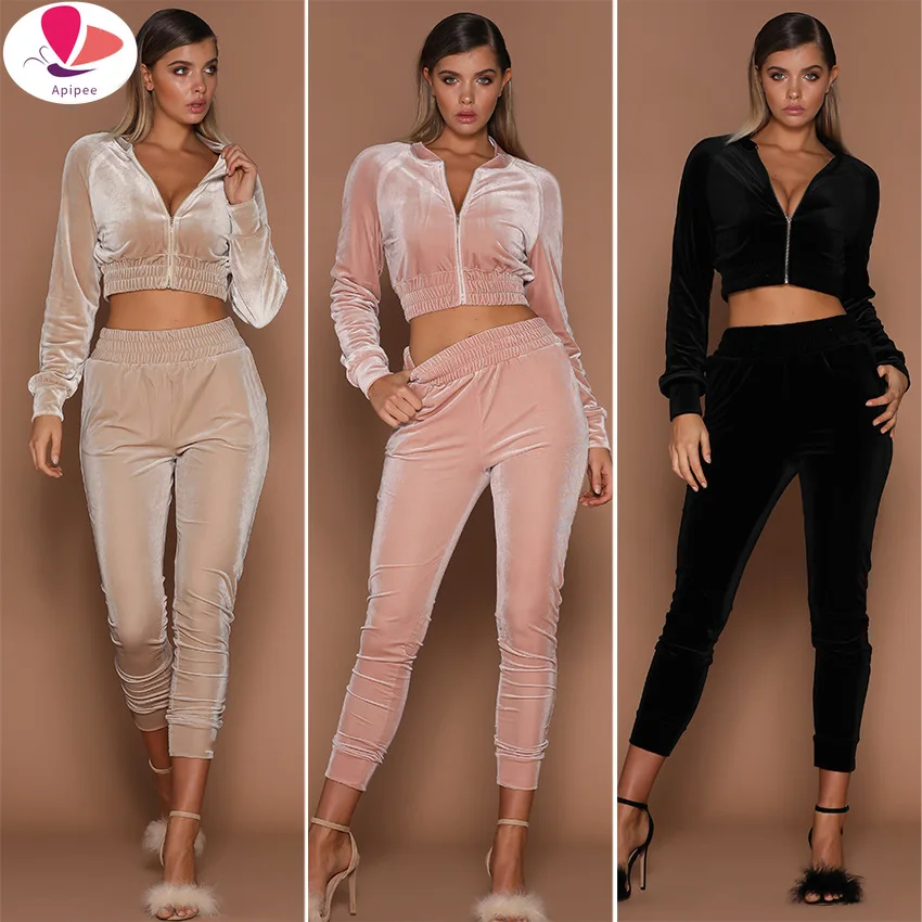 

Solid Color Sports Casual Suit Sweater Women's Autumn and Winter 2023 New Style Warm Diamond Velvet Zipper Two-Piece Sports