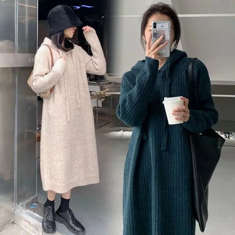Long-sleeved Dress Autumn Hooded Collar Loose Sweater Women's Long Over-the-knee Knitted Dress Elegant Women's Sweater R40